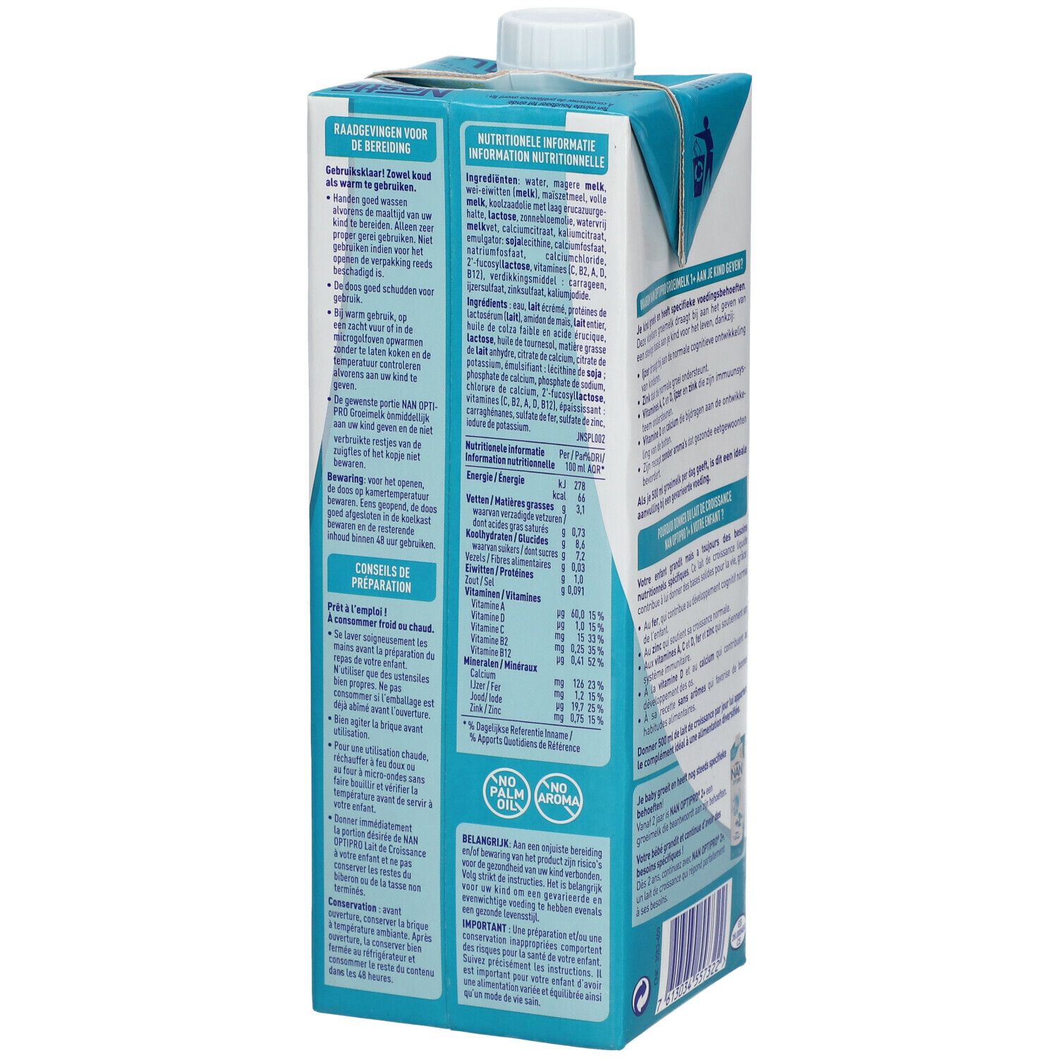 Zijkant verpakking Nestlé NAN OPTIPRO 1+ groeimelk. Bevat voedingswaarde en bereidingsinstructies.