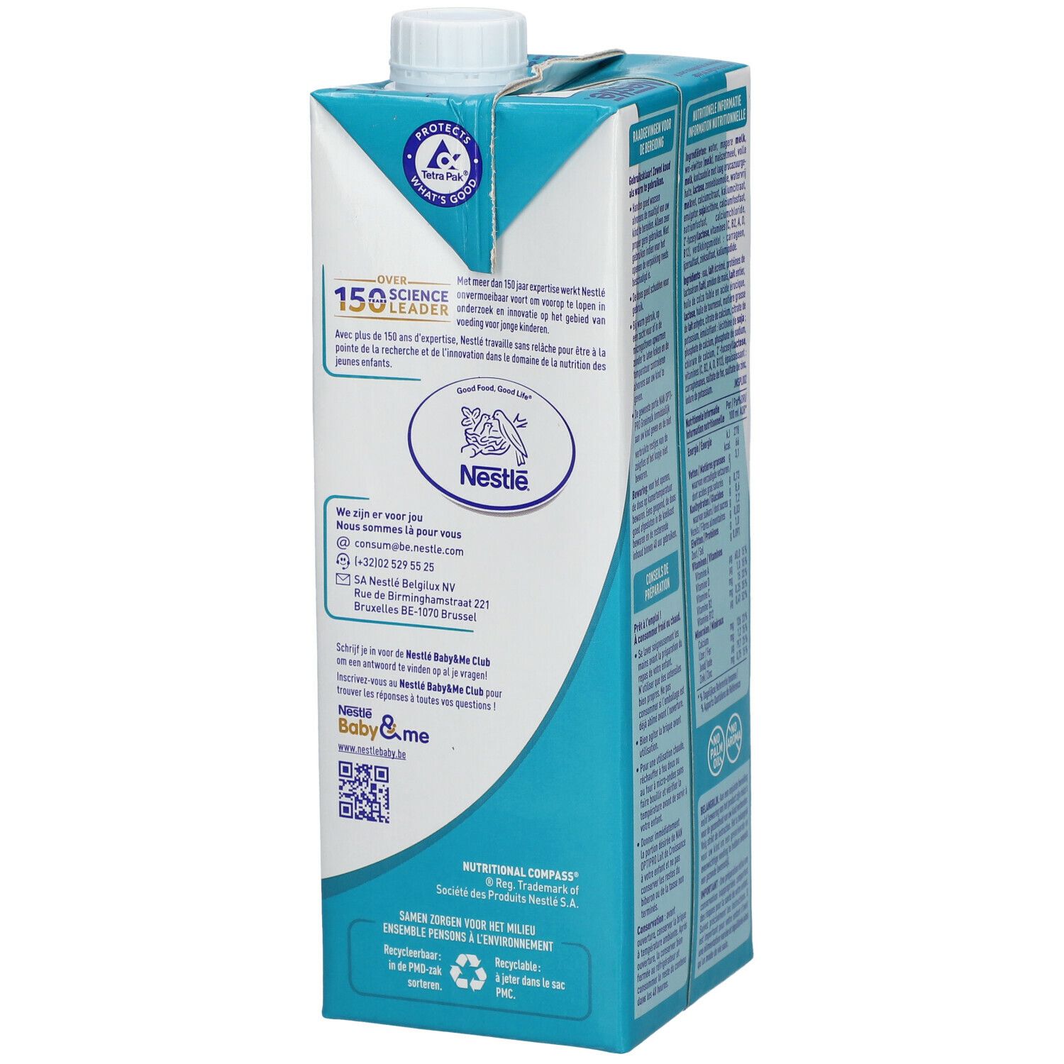 Zijkant verpakking Nestlé NAN OPTIPRO 1+ groeimelk. Bevat contactgegevens en recycling instructies.