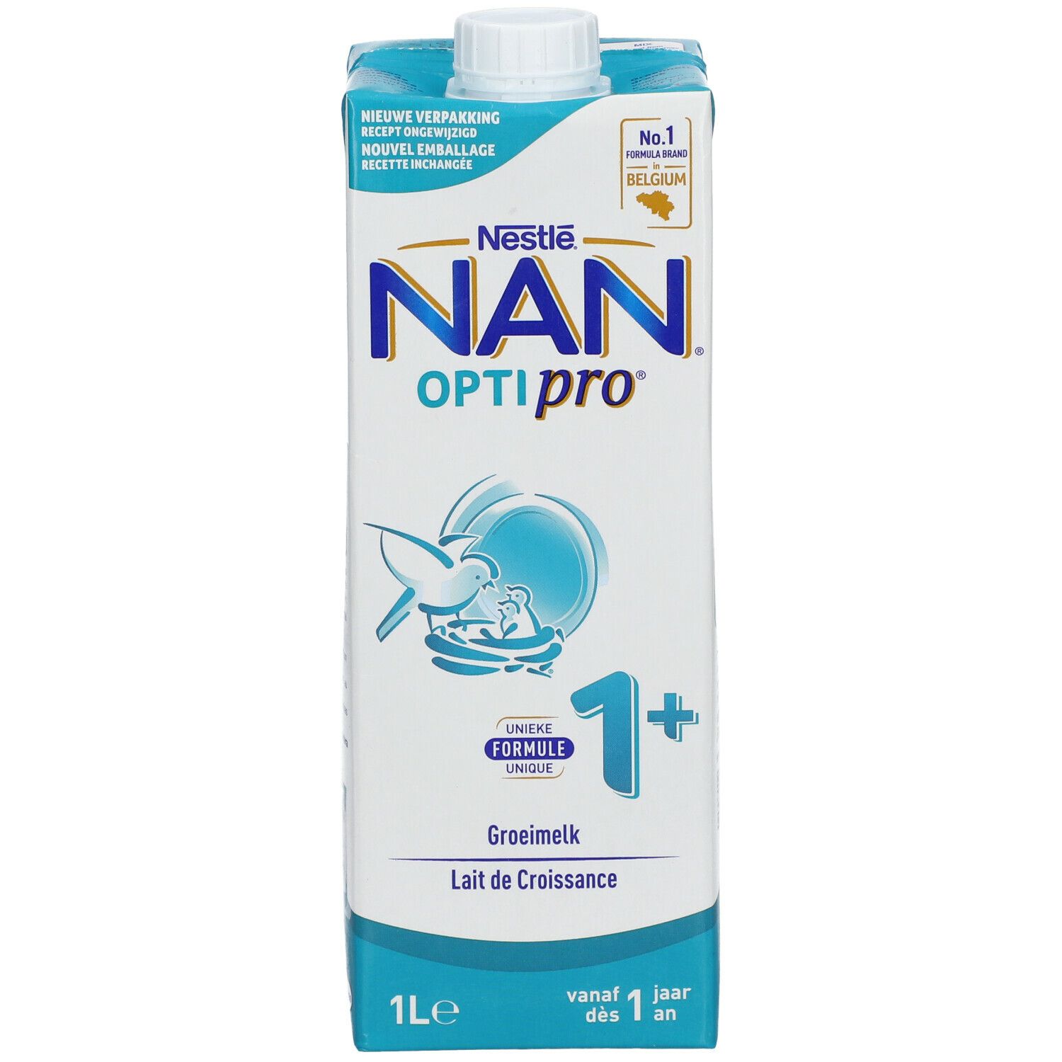 Verpakking Nestlé NAN OPTIPRO 1+ groeimelk. Blauw-wit design, 1 liter. Bevat logo, productnaam en leeftijdsindicatie.
