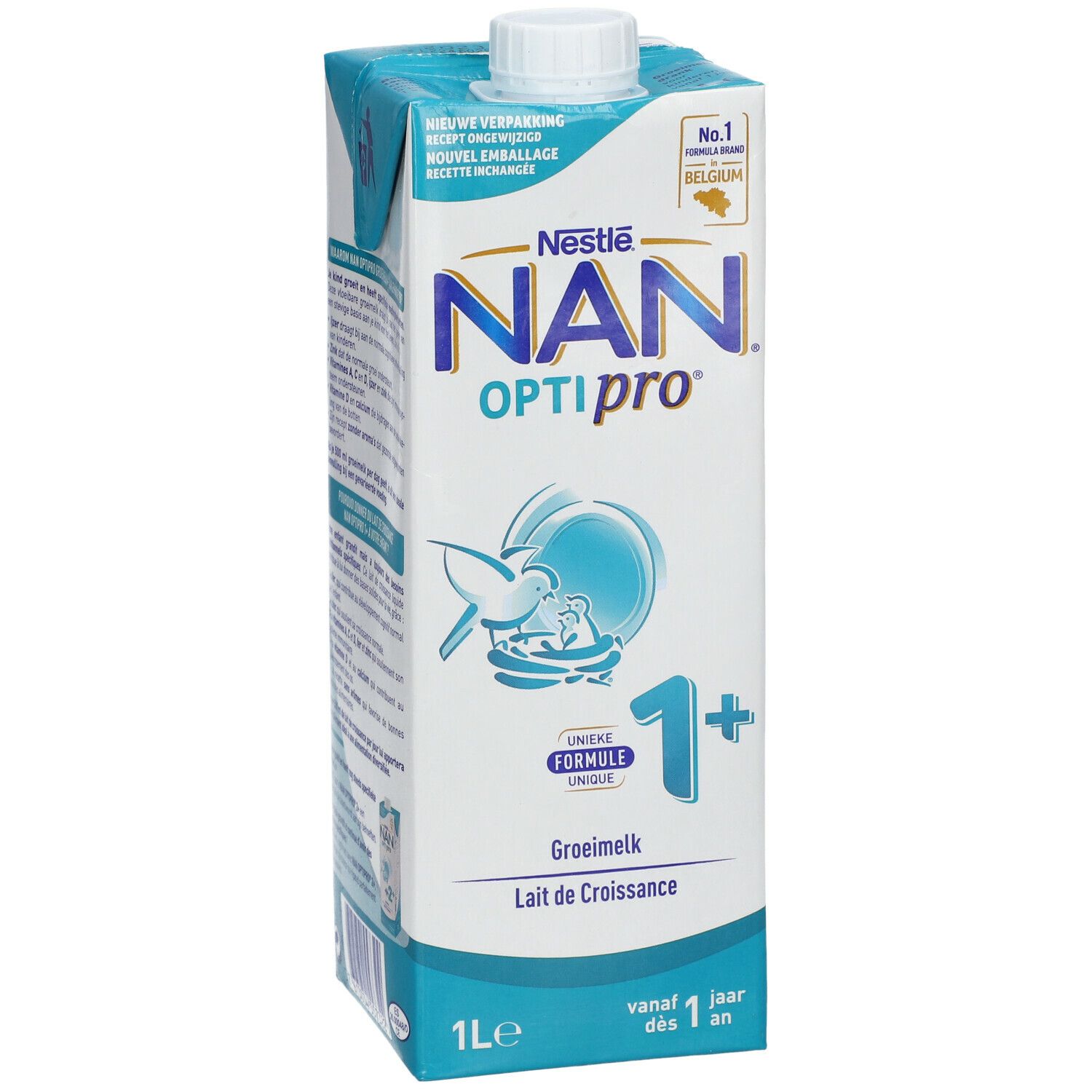 Verpakking Nestlé NAN OPTIPRO 1+ groeimelk. Blauw-wit design, 1 liter. Bevat logo, productnaam en leeftijdsindicatie.