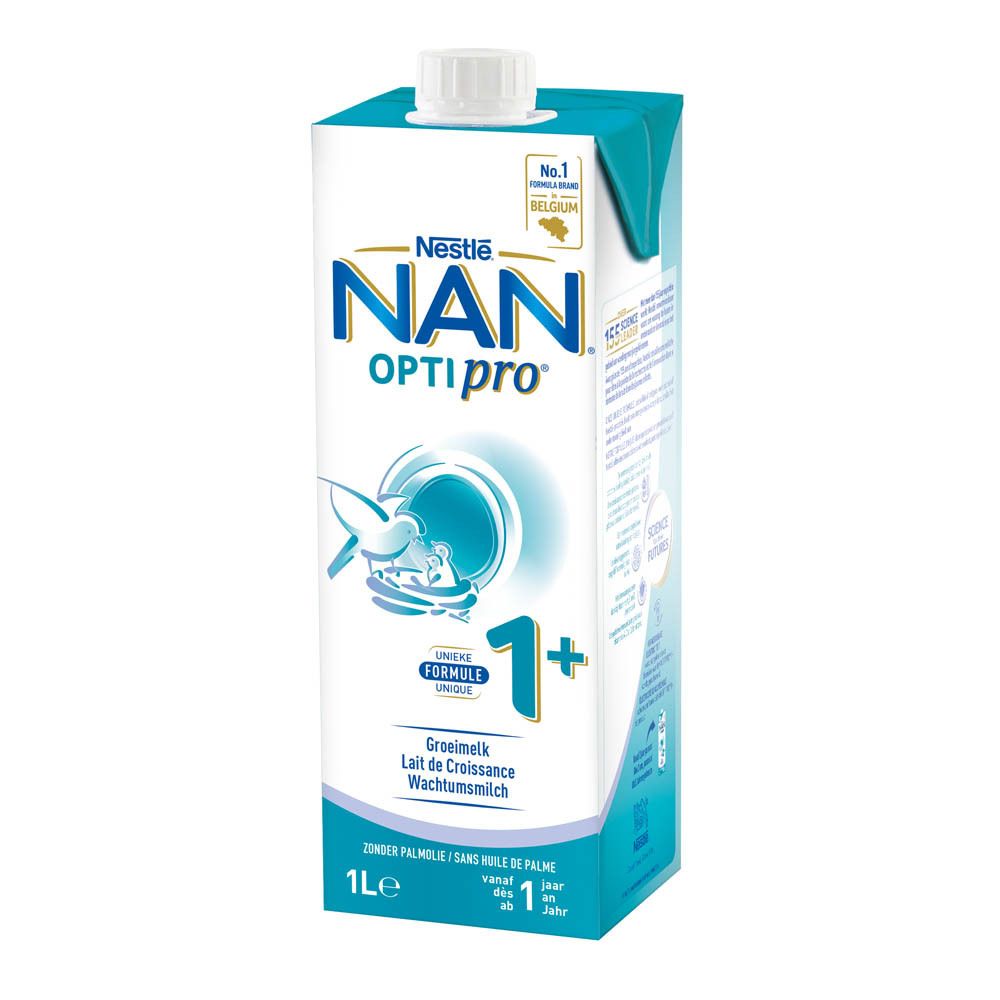 Verpakking Nestlé NAN OPTIPRO 1+ groeimelk. Blauw-wit design, 1 liter. Bevat logo, productnaam en leeftijdsindicatie.