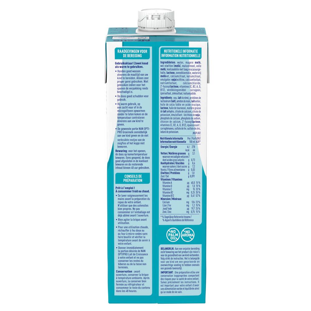 Verpakking Nestlé NAN OPTIPRO 1+ groeimelk. Blauw-wit design, 1 liter. Bevat logo, productnaam en leeftijdsindicatie.