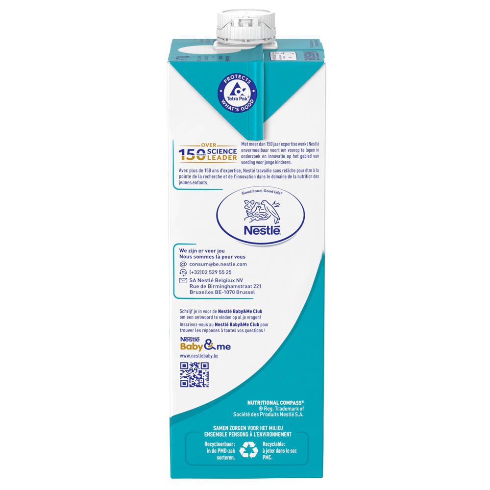Verpakking Nestlé NAN OPTIPRO 1+ groeimelk. Blauw-wit design, 1 liter. Bevat logo, productnaam en leeftijdsindicatie.