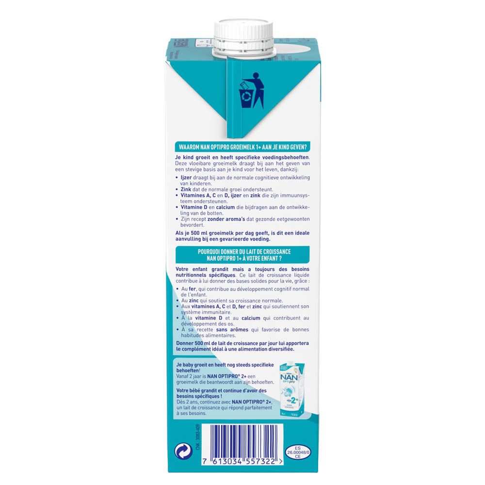 Brique de lait de croissance Nestlé NAN OPTIPRO 1+. Design bleu et blanc, 1 litre. Contient logo, nom du produit et indication d'âge.