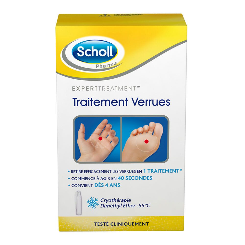 Boîte avec logo Scholl Pharma, nom du produit et illustrations. Texte sur le traitement des verrues et l'âge d'utilisation.
