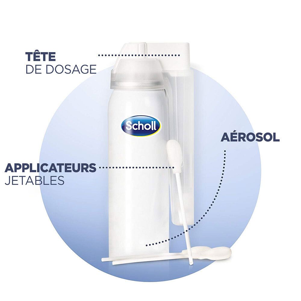 Produit avec applicateurs et aérosol. Étiquettes: 'Tête de dosage', 'Applicateurs jetables', 'Aérosol'.