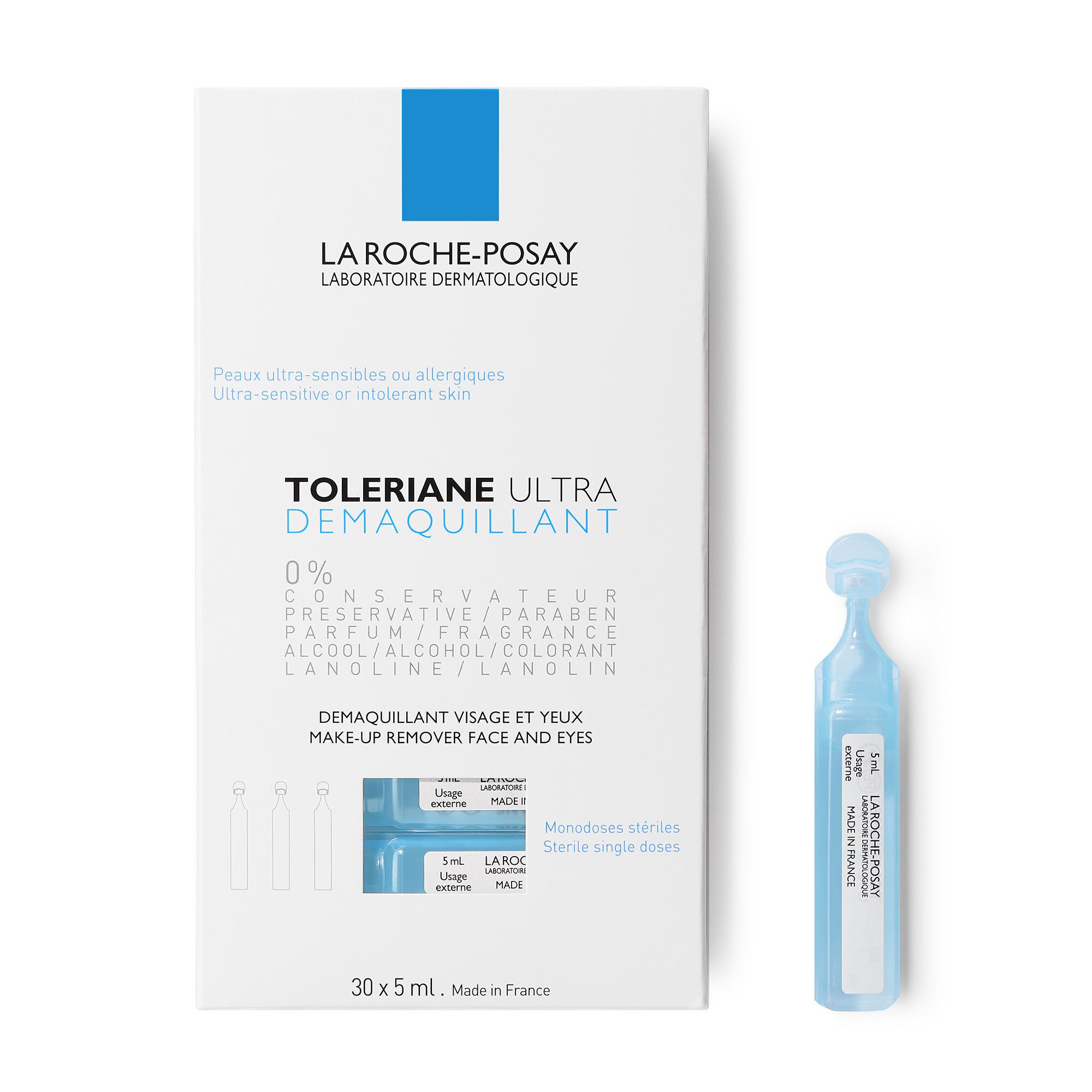 Boîte de La Roche-Posay Toleriane Ultra Démaquillant. Ampoule individuelle à côté.