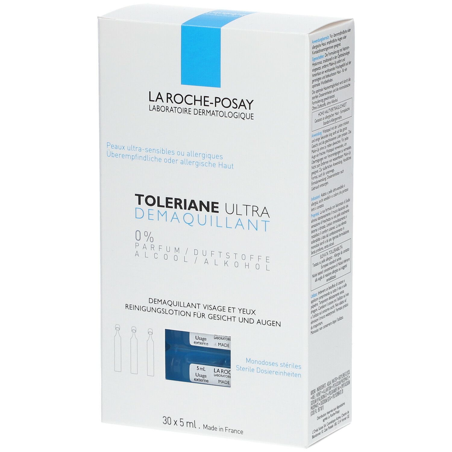 Boîte La Roche-Posay Toleriane Ultra Démaquillant. Texte et accents bleus.