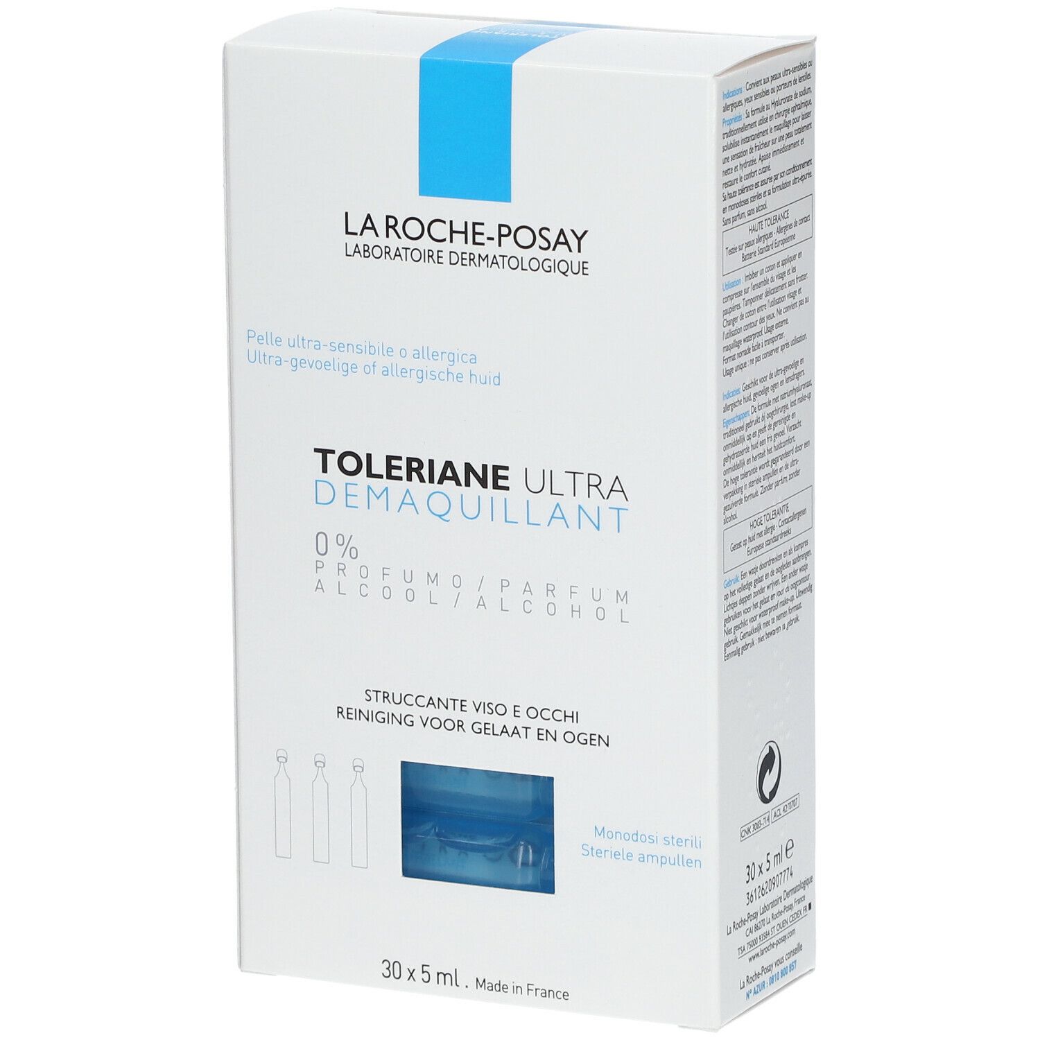 Dos de la boîte La Roche-Posay Toleriane Ultra Démaquillant. Texte.