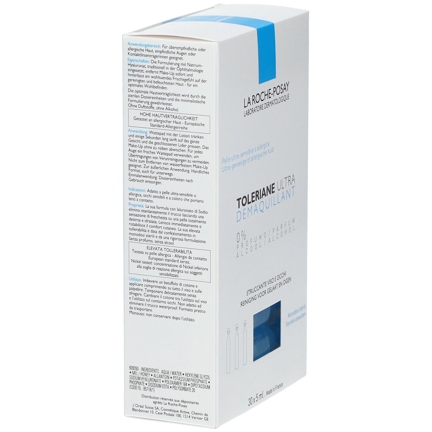 Dos de la boîte La Roche-Posay Toleriane Ultra Démaquillant. Texte.