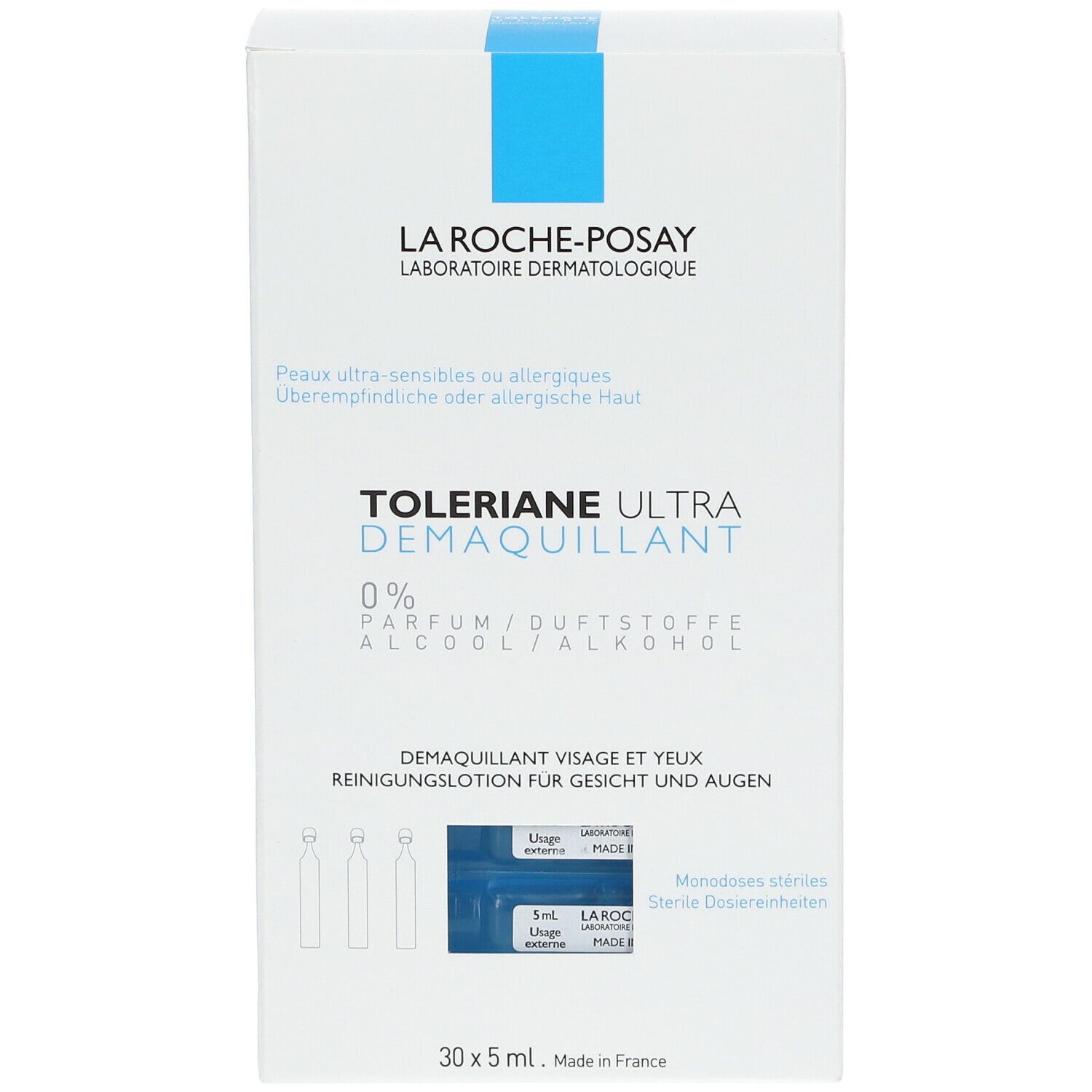 Boîte La Roche-Posay Toleriane Ultra Démaquillant. Texte et accents bleus.