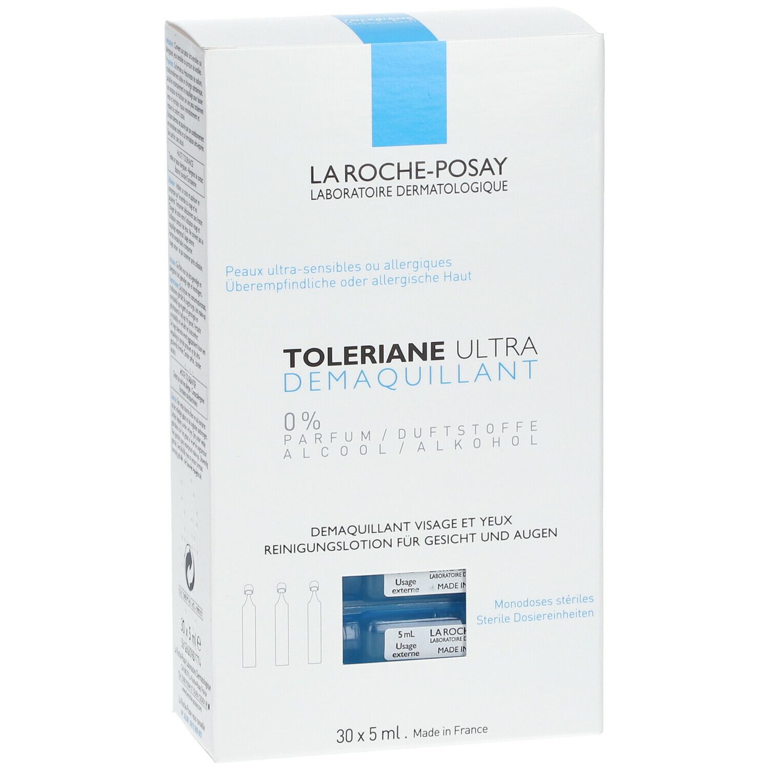 Boîte La Roche-Posay Toleriane Ultra Démaquillant. Texte et accents bleus.