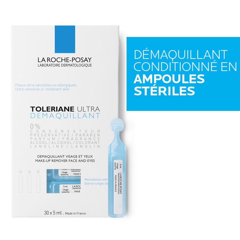 Trois produits La Roche-Posay : Toleriane Ultra Démaquillant, crème et crème yeux.