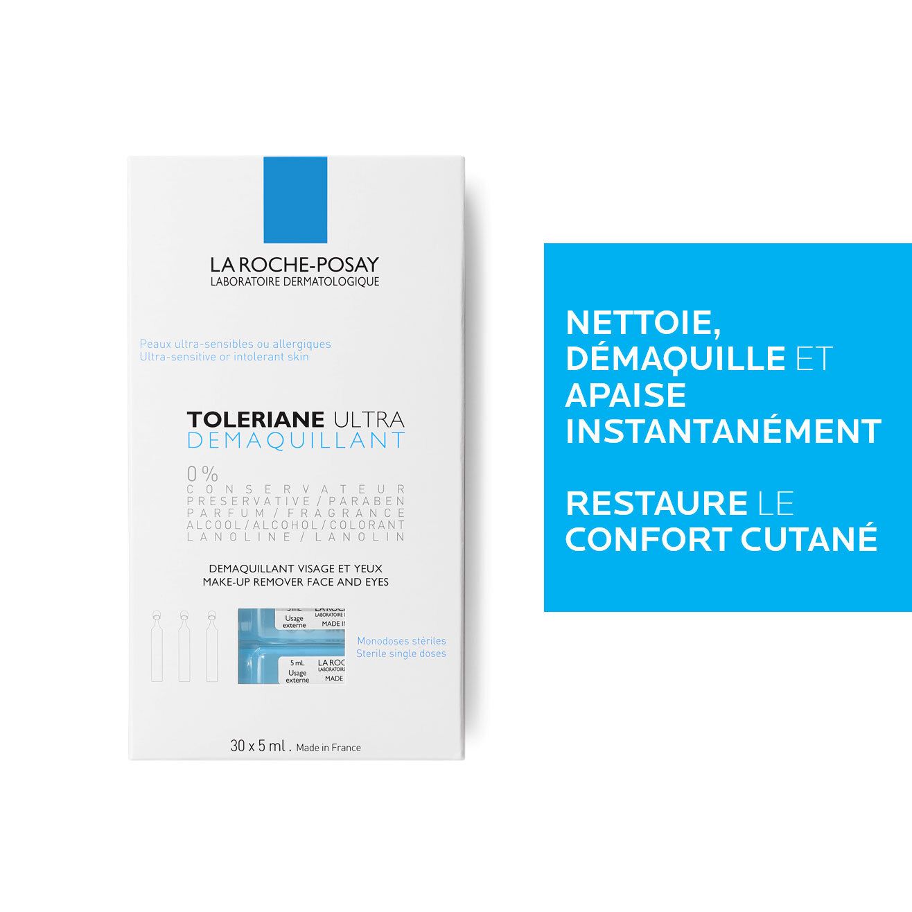 Boîte La Roche-Posay Toleriane Ultra Démaquillant. Texte et accents bleus.