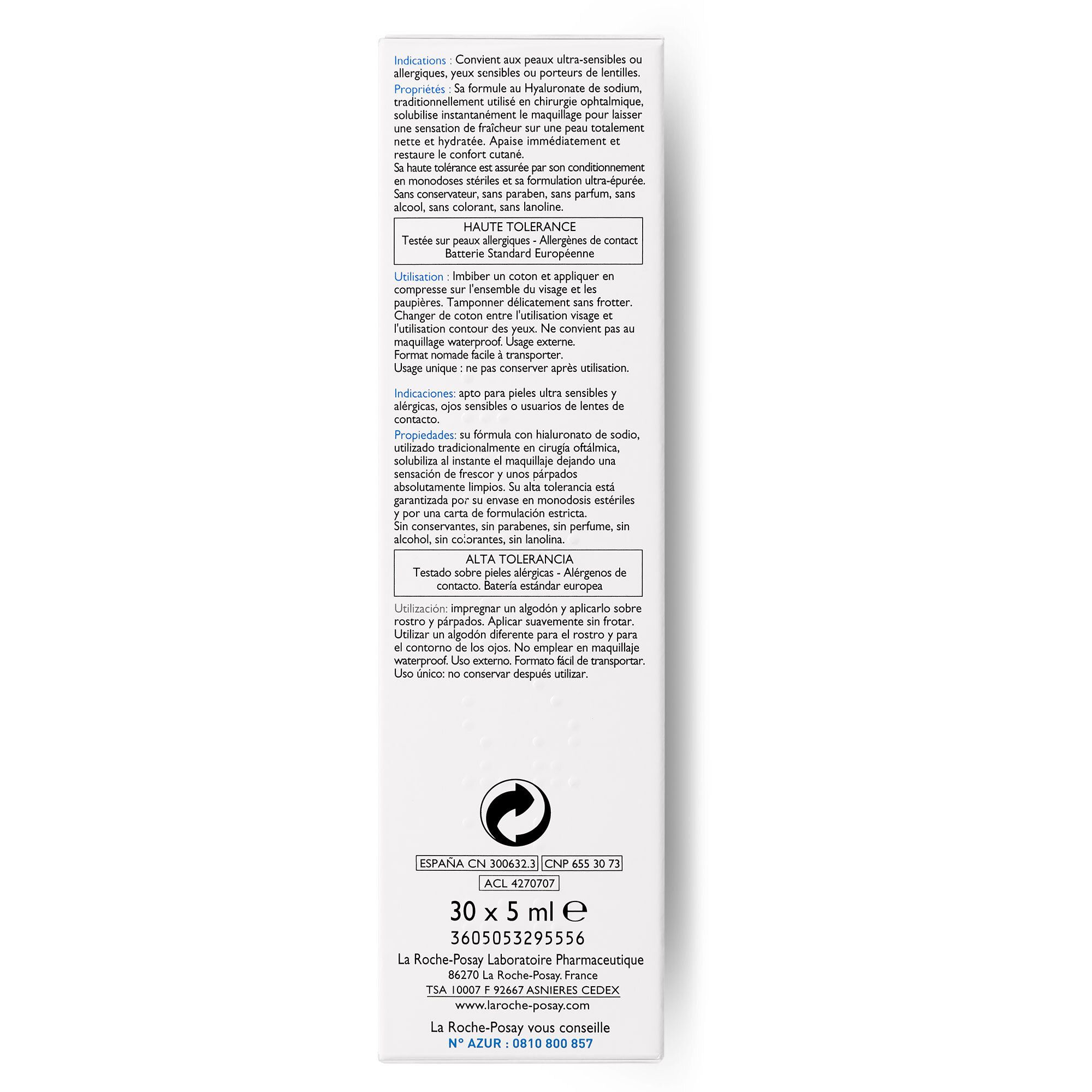Dos de la boîte La Roche-Posay Toleriane Ultra Démaquillant. Texte.