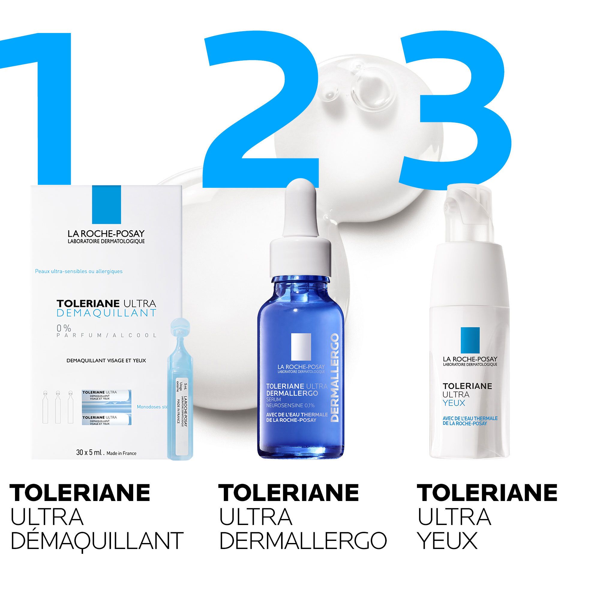 Trois produits La Roche-Posay : Toleriane Ultra Démaquillant, Dermallergo et crème yeux.