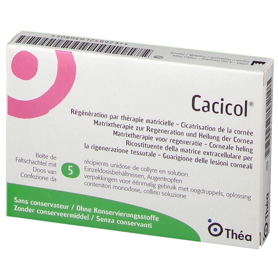 Cacicol®-Verpackung, weiß mit rosa Logo. Enthält 5 Einzeldosisbehälter. Perspektivische Ansicht.