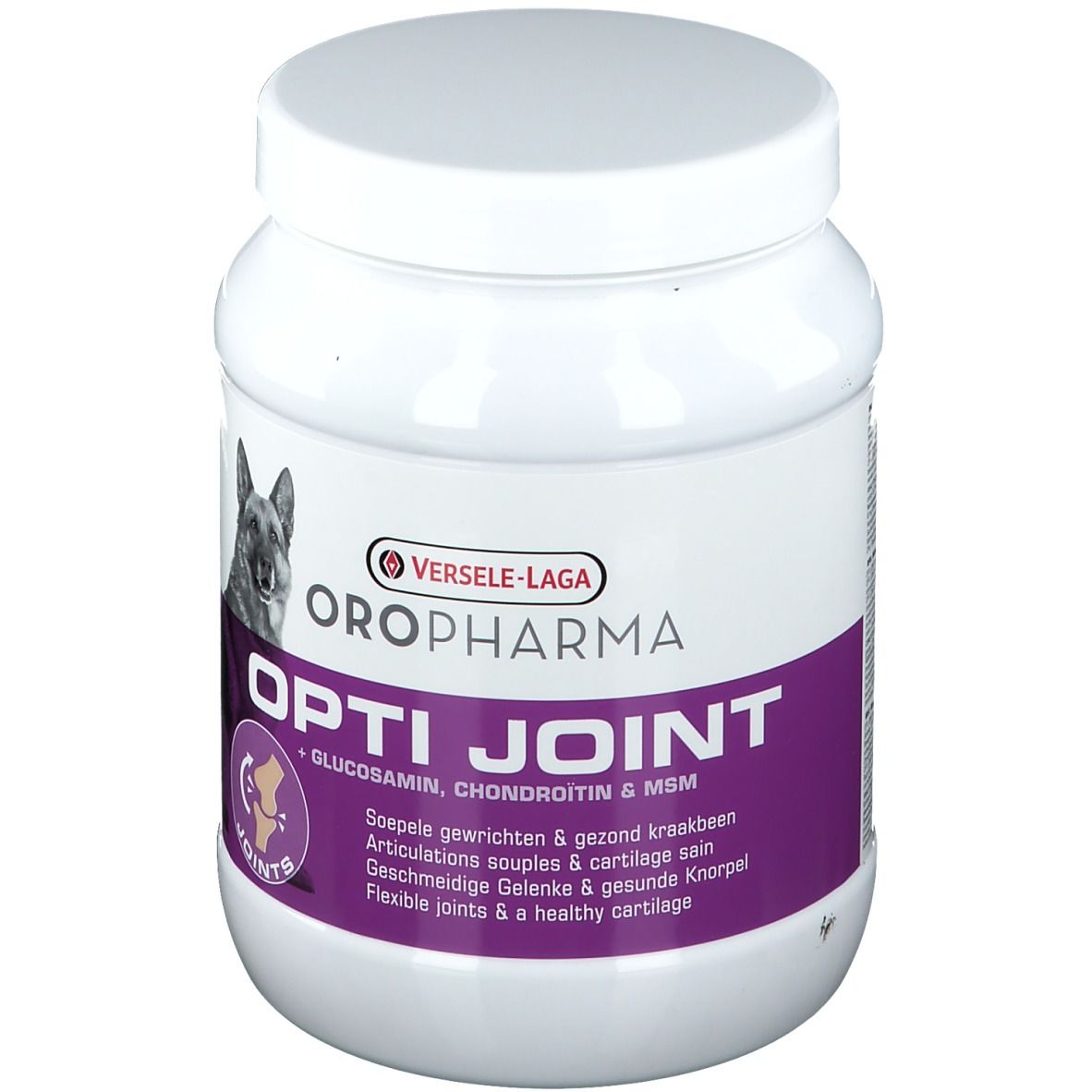 Wit, cilindrisch product met deksel. Opschrift: OROPHARMA OPTI JOINT. Afbeelding van een hond.