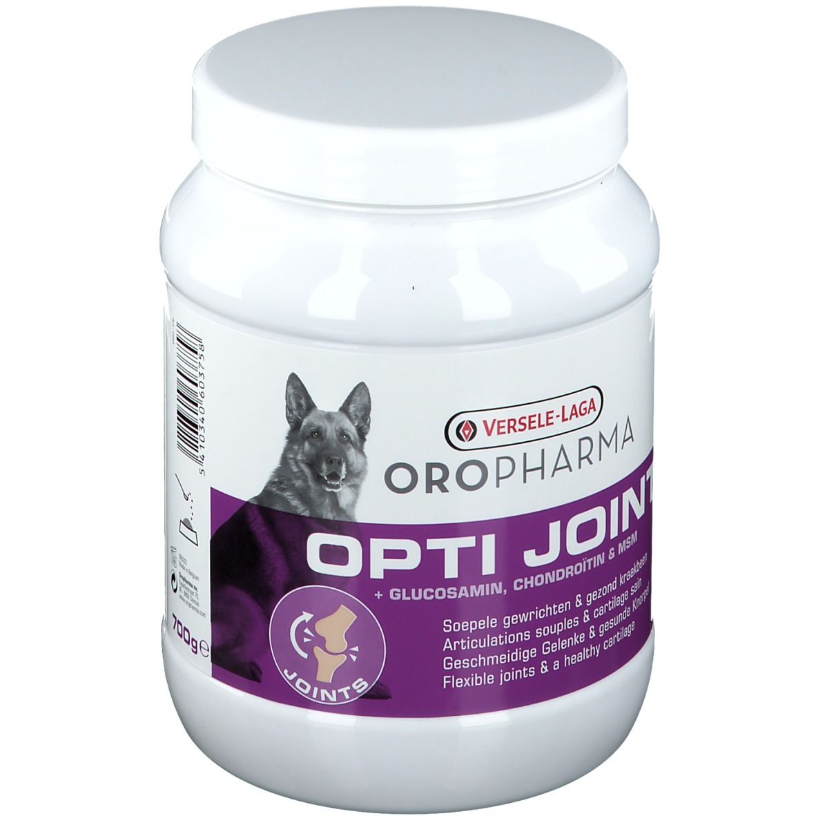Wit, cilindrisch product met deksel. Opschrift: OROPHARMA OPTI JOINT. Afbeelding van een hond.