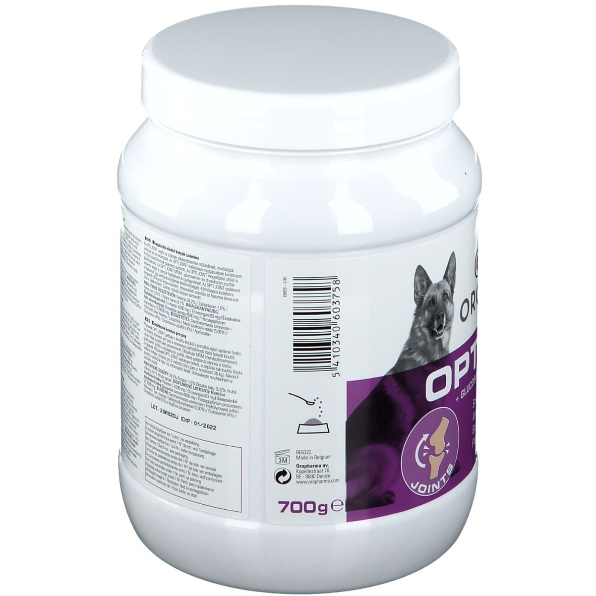 Wit, cilindrisch product met deksel. Opschrift: OROPHARMA OPTI JOINT. Afbeelding van een hond. 700g.