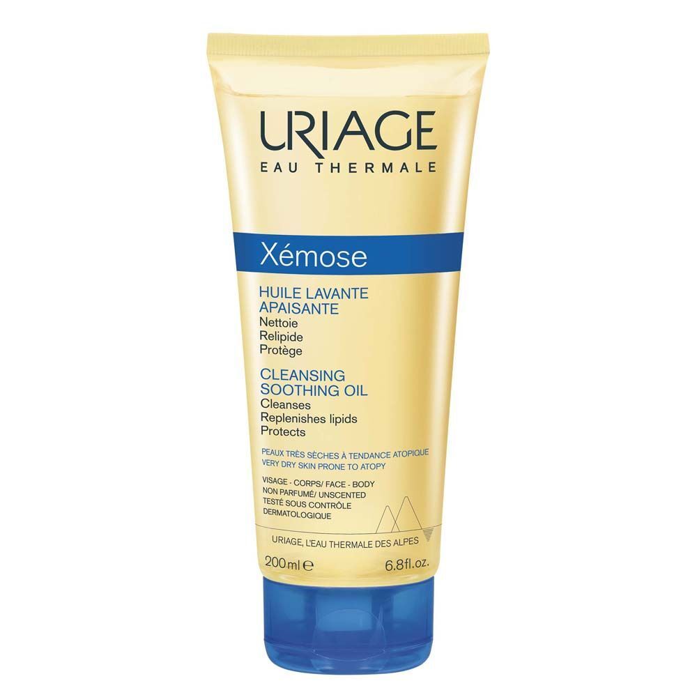 Uriage Xémose Reinigingsolie. Gele tube met blauwe dop. Opschrift: Uriage, Xémose, Cleansing Soothing Oil.