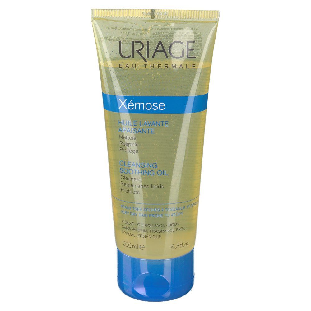Uriage Xémose Olio Detergente Lenitivo. Tubo giallo con tappo blu. Scritte: Uriage, Xémose, Cleansing Soothing Oil.