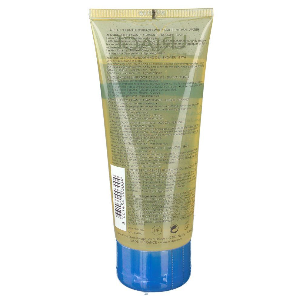 Retro del tubo Uriage Xémose. Testo e codice a barre. Giallo e blu.