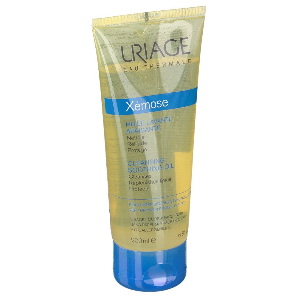 Uriage Xémose Olio Detergente Lenitivo. Tubo giallo con tappo blu. Scritte: Uriage, Xémose, Cleansing Soothing Oil.