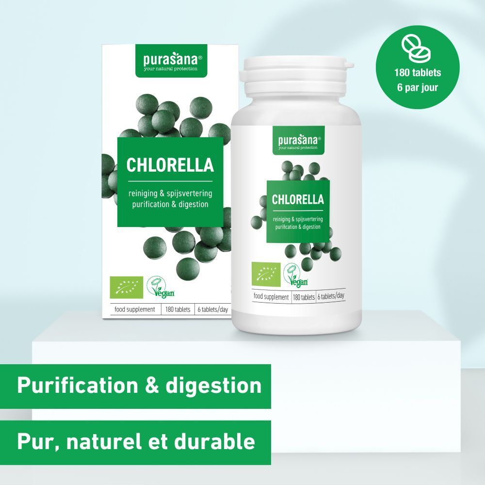 Emballage du produit avec flacon et boîte. Inscription : Chlorella, purification & digestion, vegan. Certification bio. 180 comprimés.
