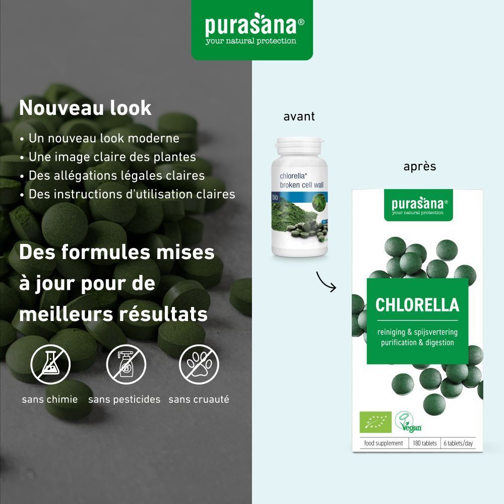 Comparaison : ancien et nouvel emballage. Nouvel emballage : flacon et boîte avec Chlorella. Vegan, certification bio. Texte : sans chimie, sans pesticides, sans cruauté.