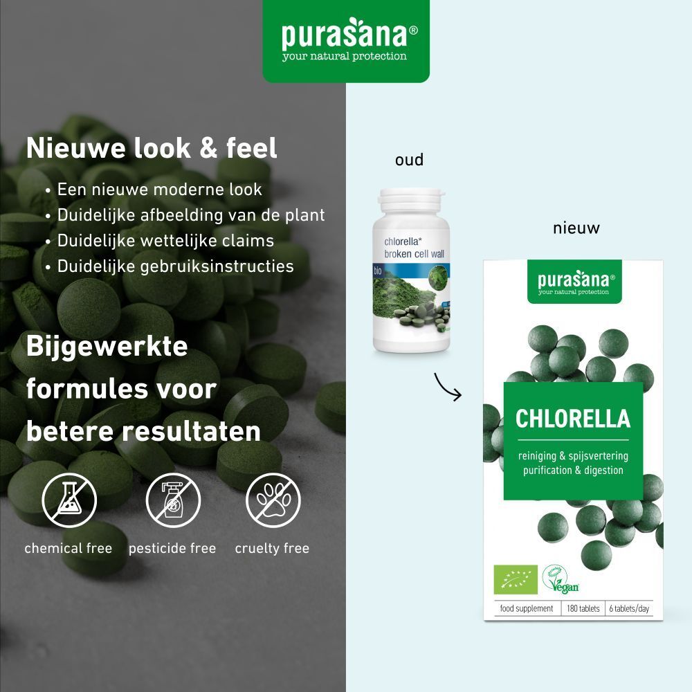 Vergelijking: oude en nieuwe verpakking. Nieuwe verpakking: fles en doos met Chlorella. Vegan, bio-certificering. Tekst: chemicaliën vrij, pesticide vrij, cruelty free.