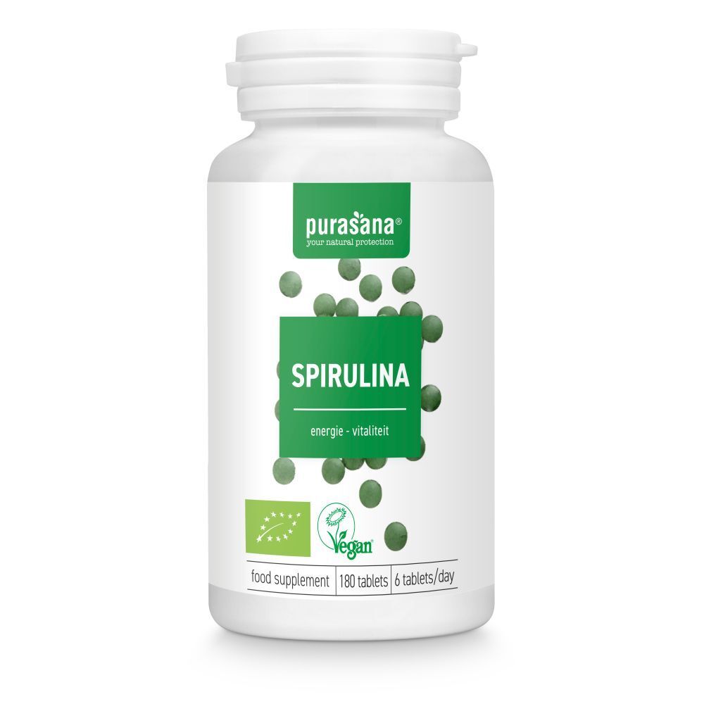 Flacon blanc de comprimés purasana® Spirulina. Étiquette verte avec nom du produit et label bio. Vegan.
