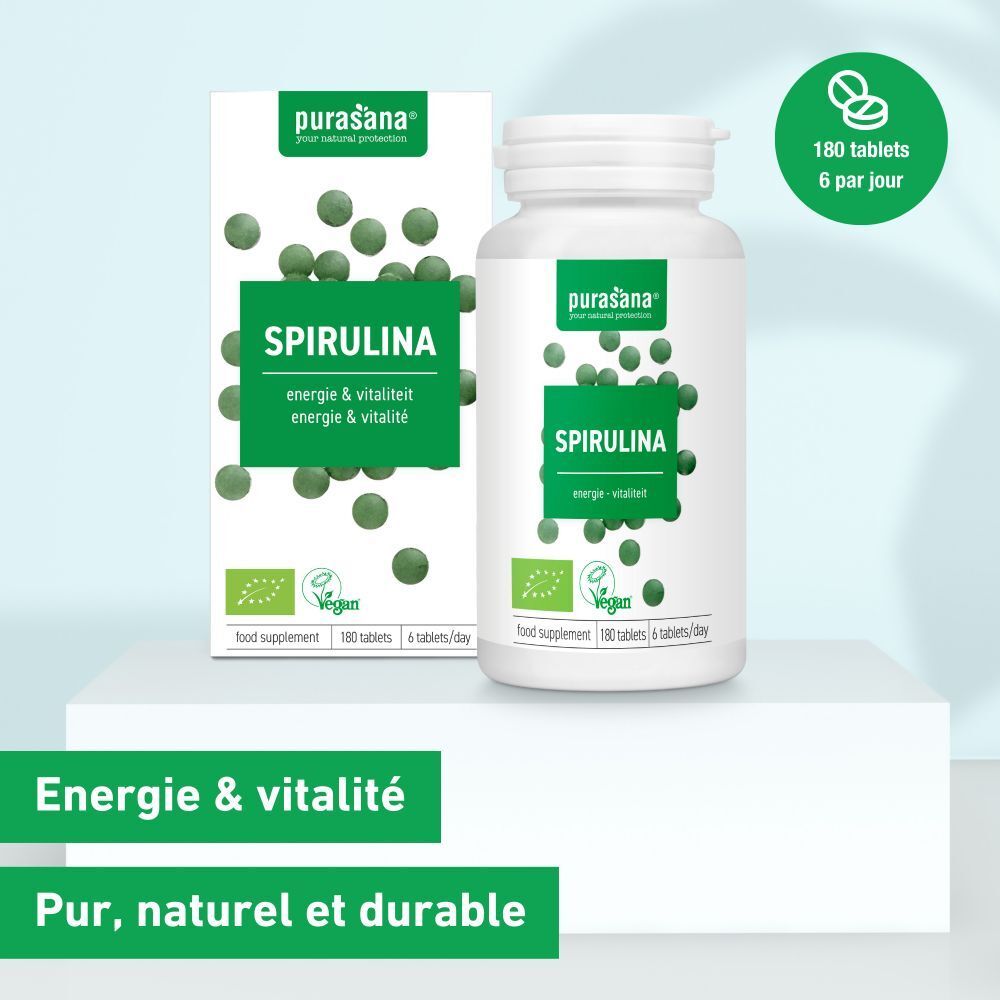 Emballage et flacon purasana® Spirulina. Emballage vert avec nom du produit et label bio. Énergie & vitalité.
