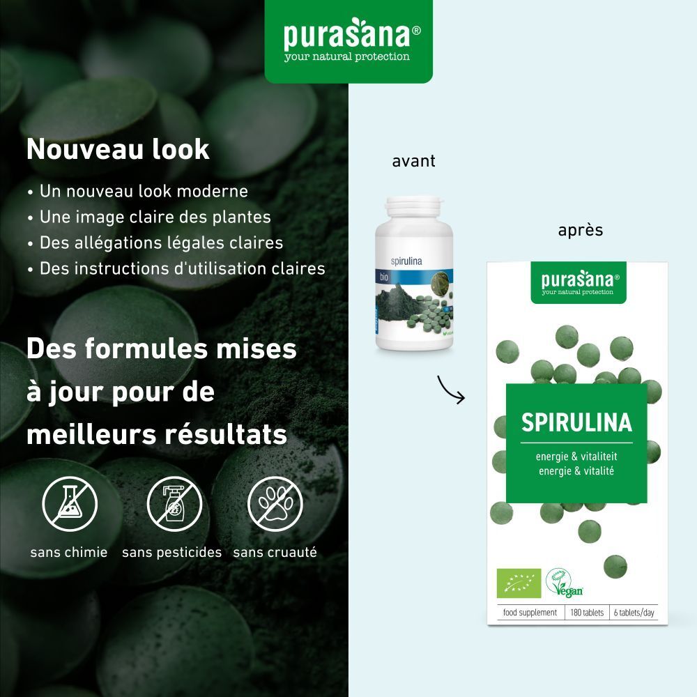 Comparaison : ancien et nouvel emballage purasana® Spirulina. Nouvel emballage avec nom et label bio. Sans produits chimiques.