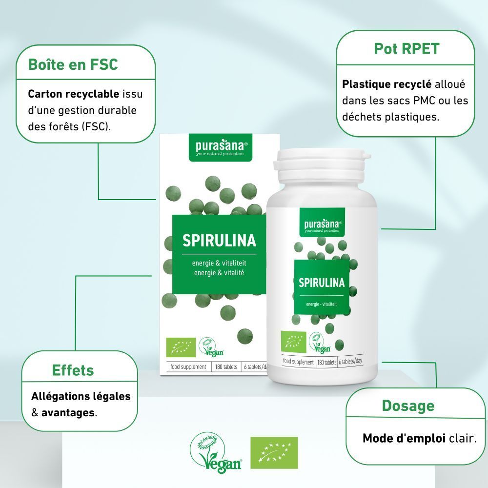 Emballage et flacon purasana® Spirulina. Boîte en carton FSC. Récipient R-PET. Vegan. Instructions de dosage.
