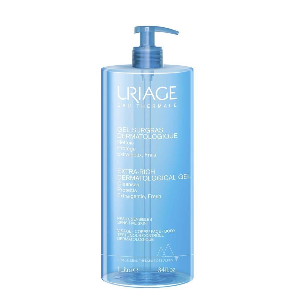 Blauwe fles met pomp. Uriage Gel surgras dermatologique. Extra-rijke dermatologische gel.