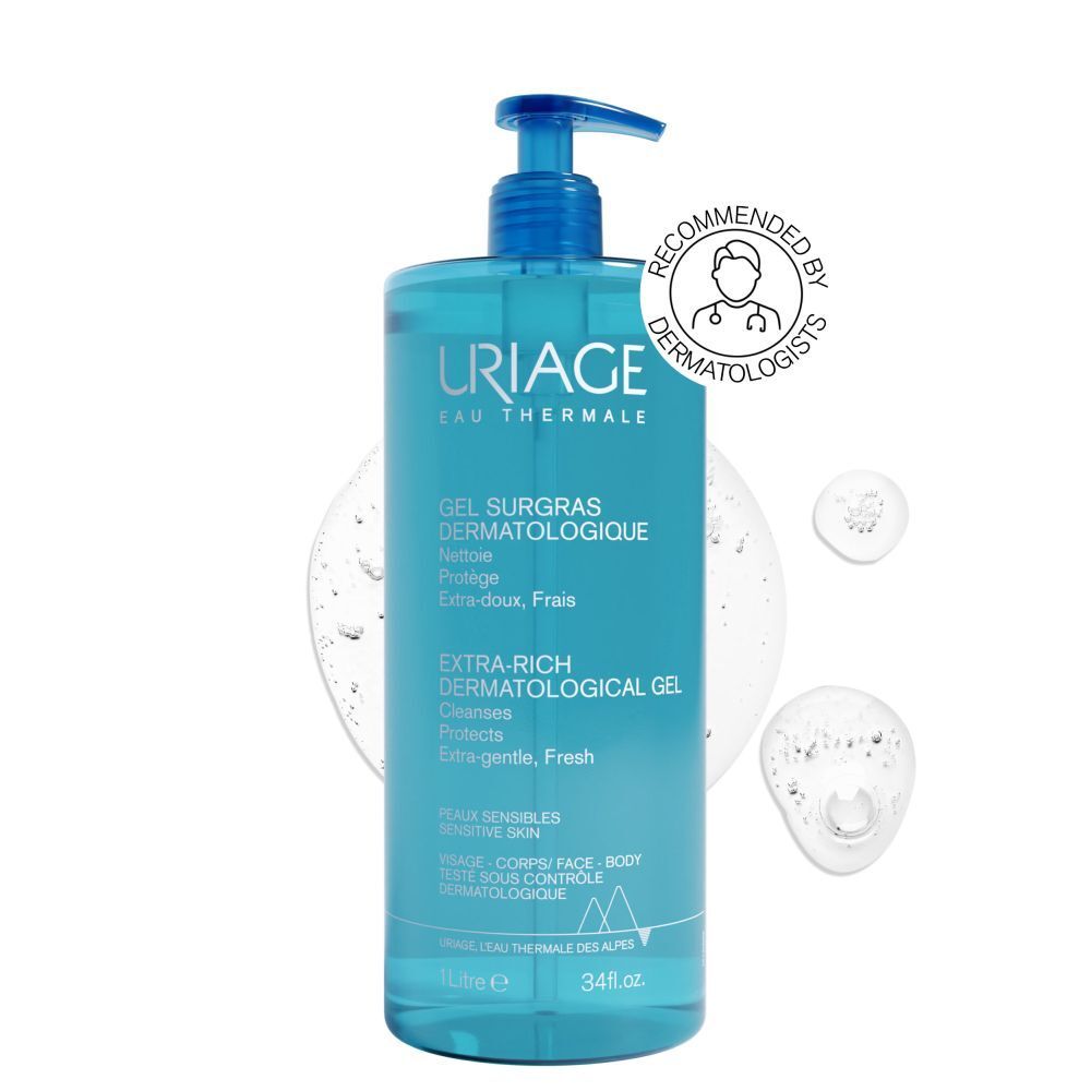 Blauwe fles met pomp. Uriage Gel surgras dermatologique. Extra-rijke dermatologische gel.
