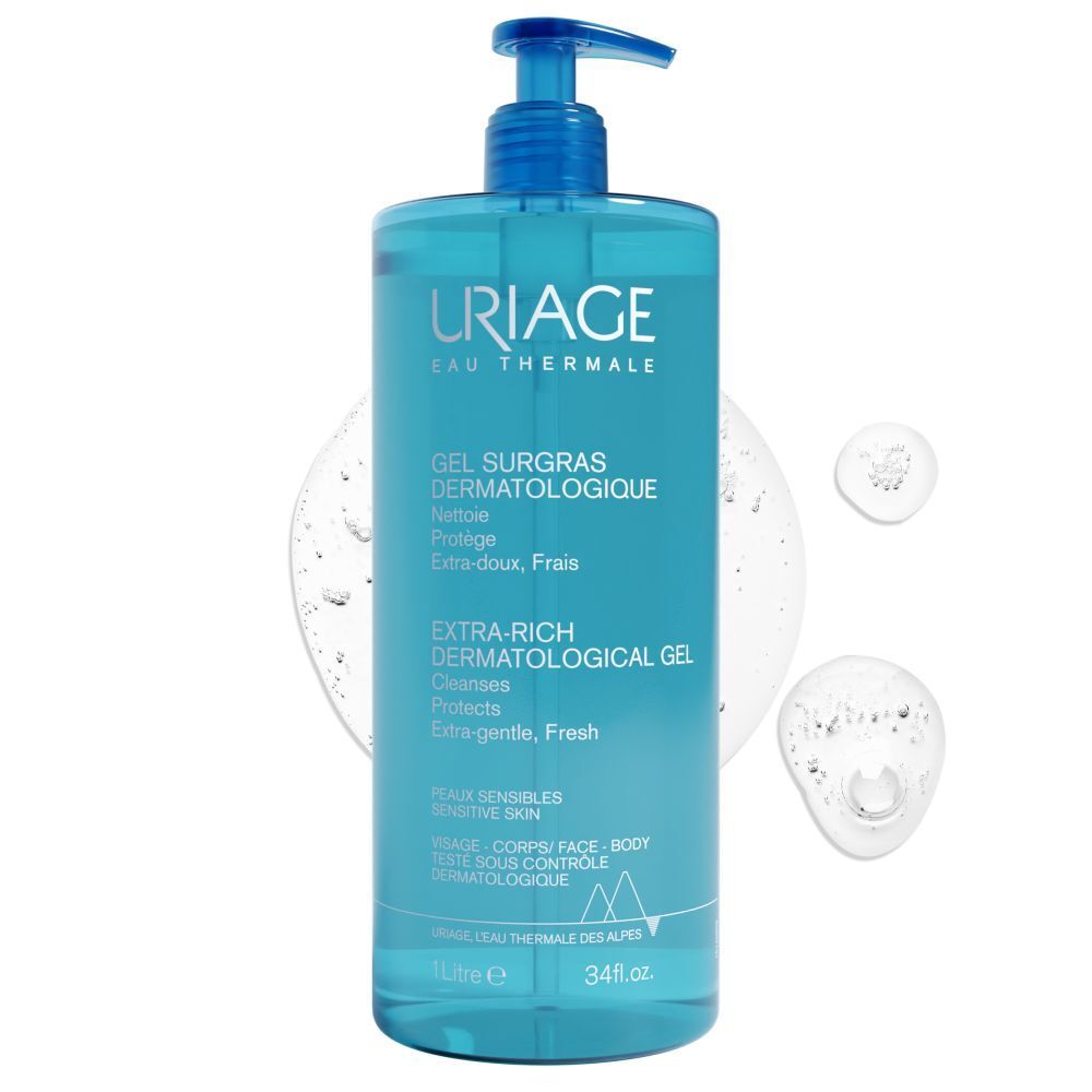 Product op huid aangebracht. Gel surgras dermatologique. Tekst: Gezicht & lichaam.