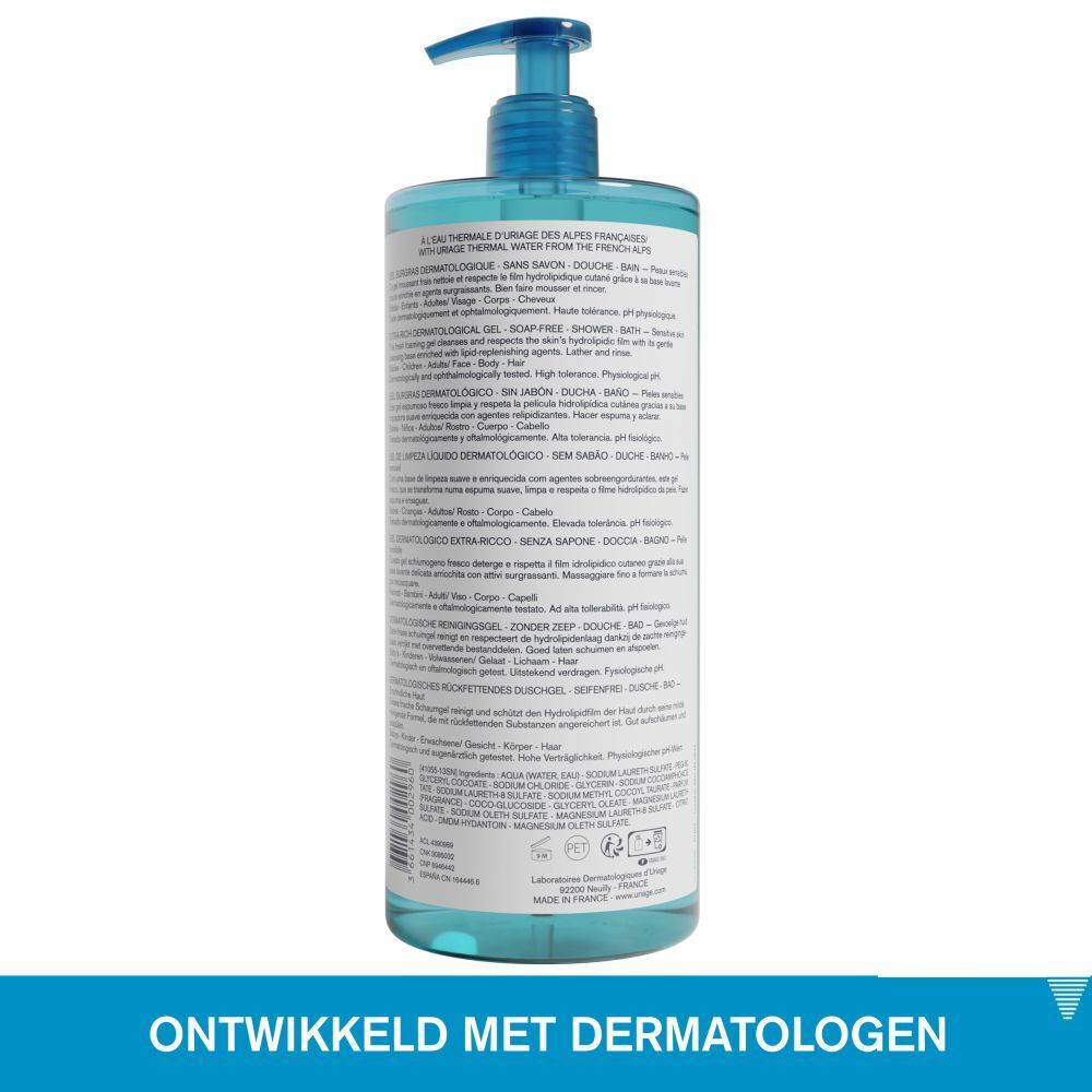 Achterkant fles. Uriage Gel surgras dermatologique. Meertalige tekst.