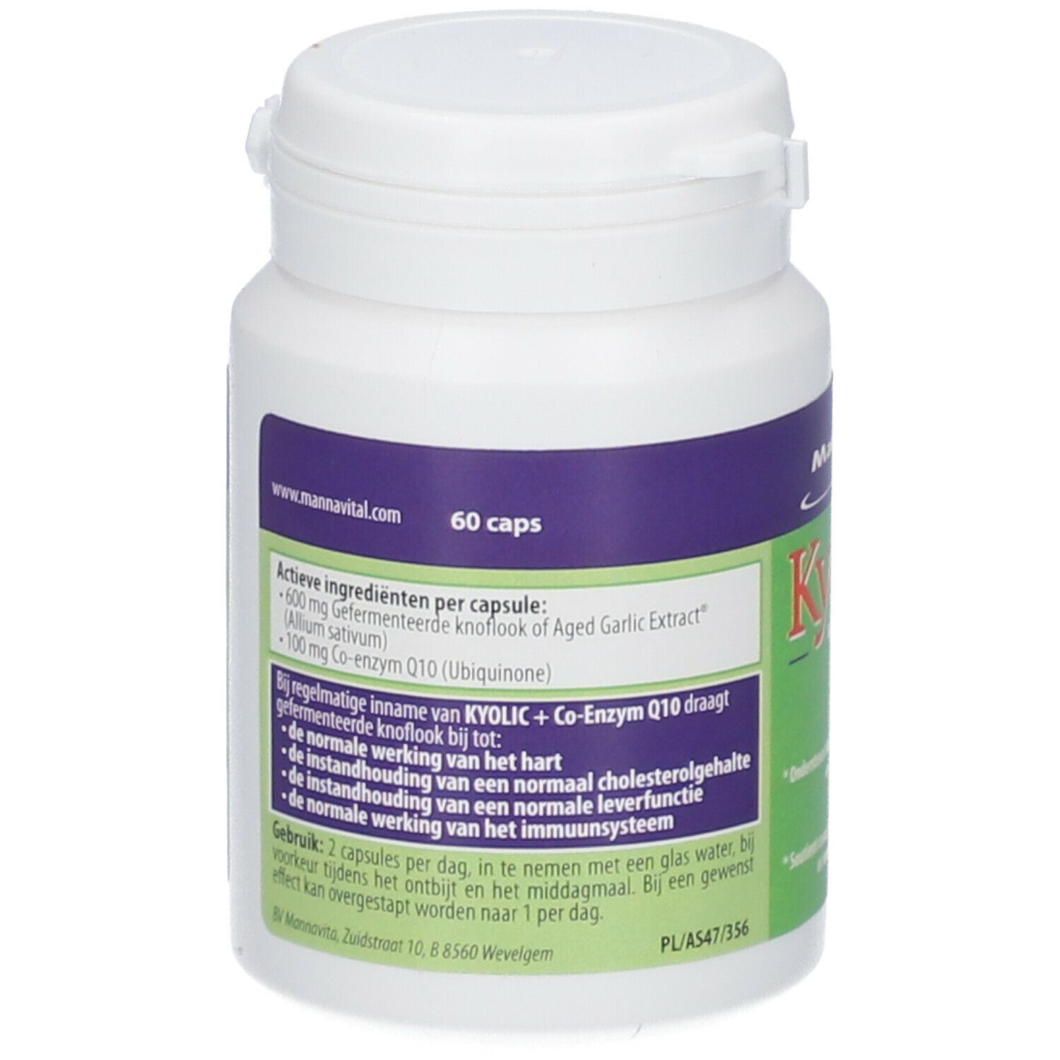 Flacon blanc, étiquettes violettes et vertes. Inscription: Kyolic + Coenzyme Q10. 60 gélules. Ingrédients.