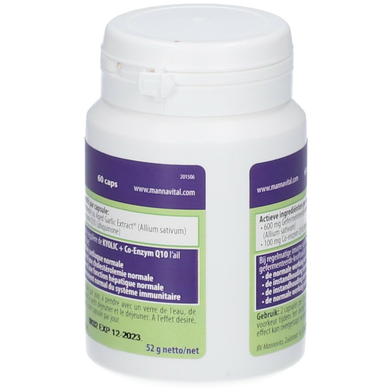 Flacon blanc, étiquettes violettes et vertes. Inscription: Kyolic + Coenzyme Q10. 60 gélules. Ingrédients et date d'expiration.