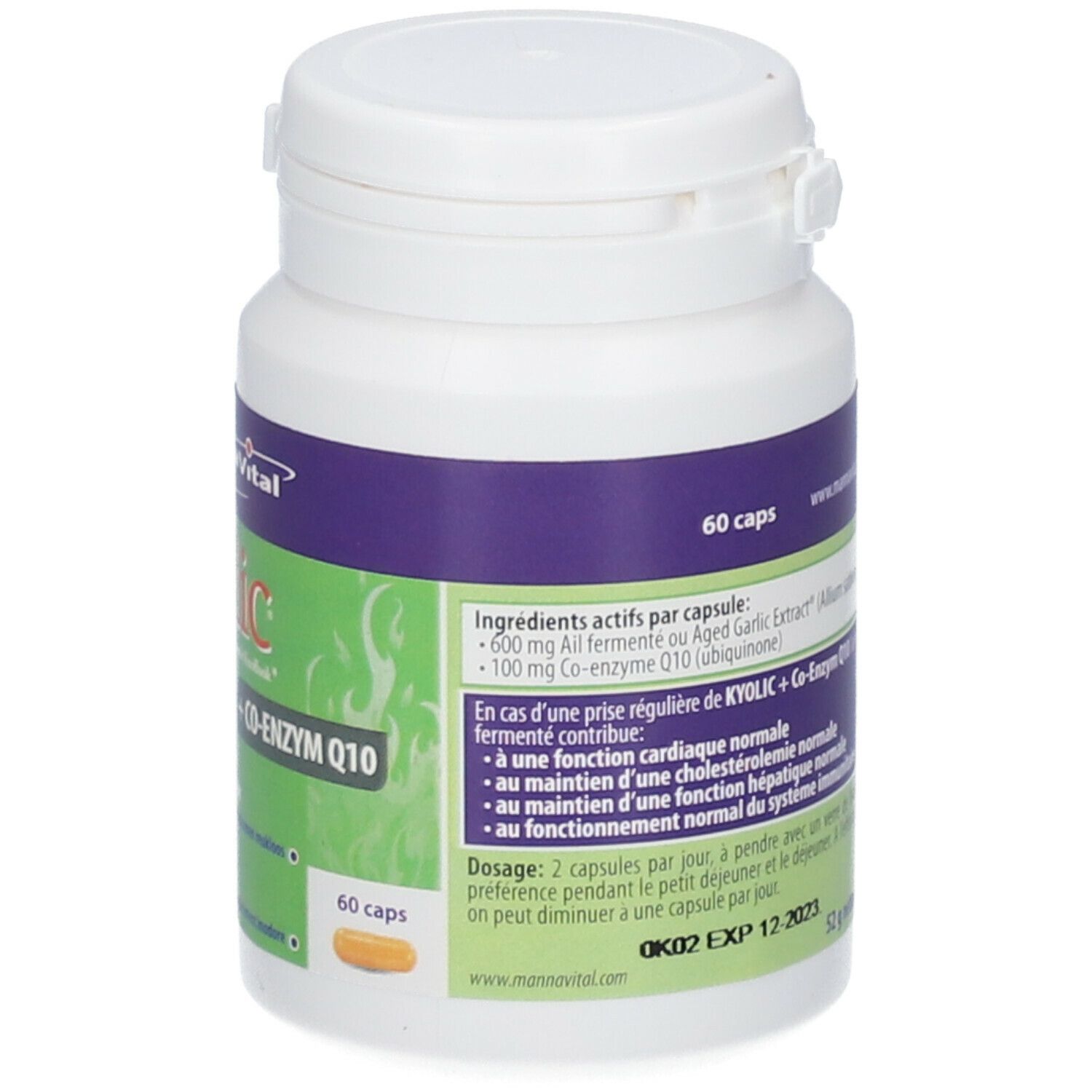 Flacon blanc, étiquettes violettes et vertes. Inscription: Kyolic + Coenzyme Q10. 60 gélules. Ingrédients et dosage.