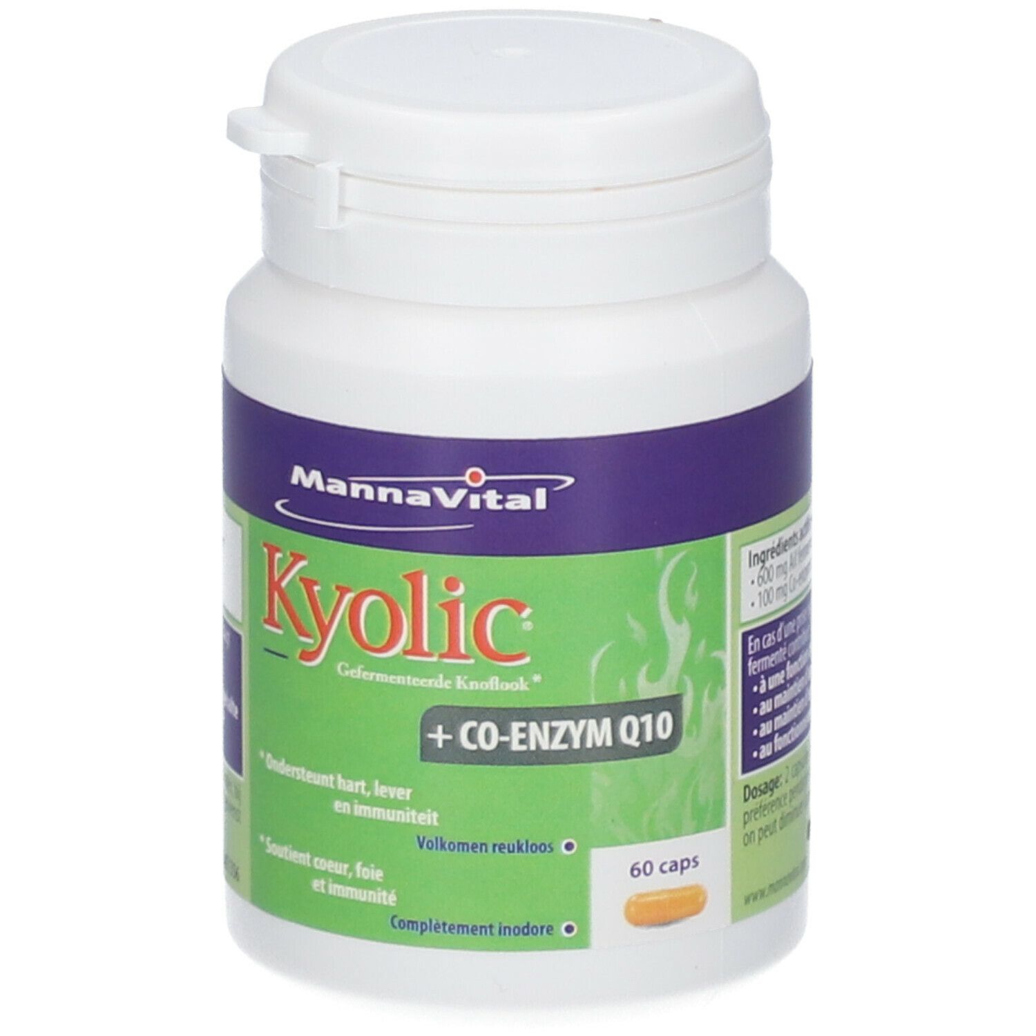 Flacon blanc, étiquettes violettes et vertes. Inscription: Mannavital Kyolic + Coenzyme Q10. 60 gélules.