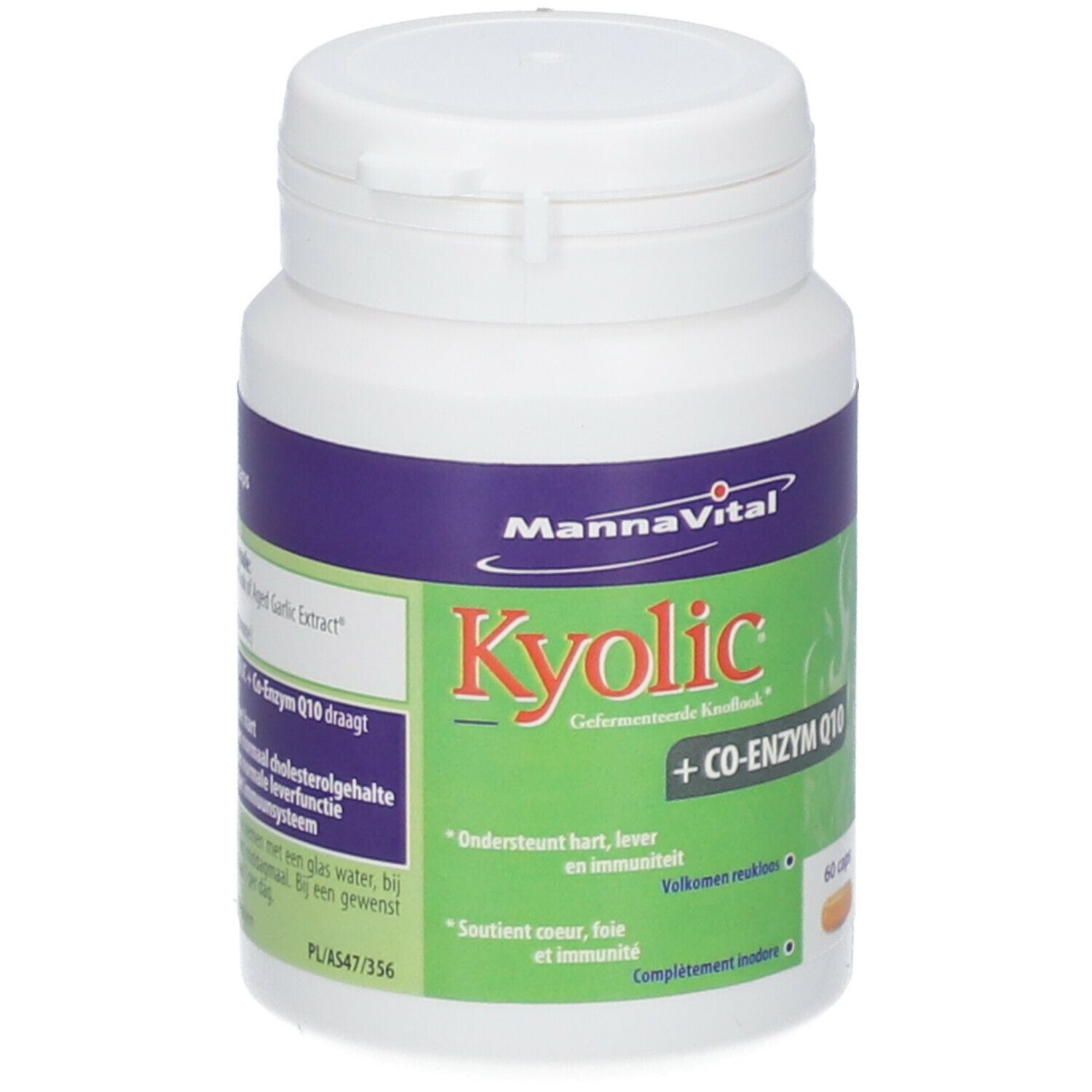Flacon blanc, étiquettes violettes et vertes. Inscription: Kyolic + Coenzyme Q10. 60 gélules. Informations produit.