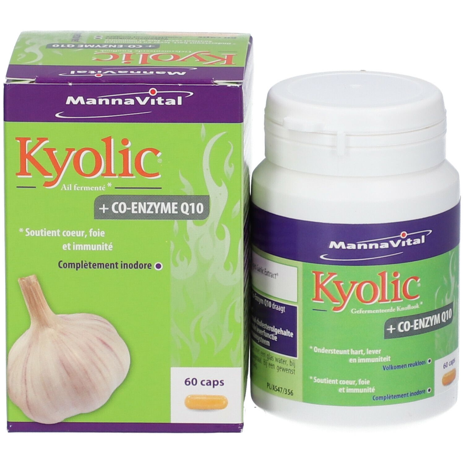 Emballage du produit avec flacon et boîte. Inscription: Mannavital Kyolic + Coenzyme Q10. 60 gélules. Image d'ail.