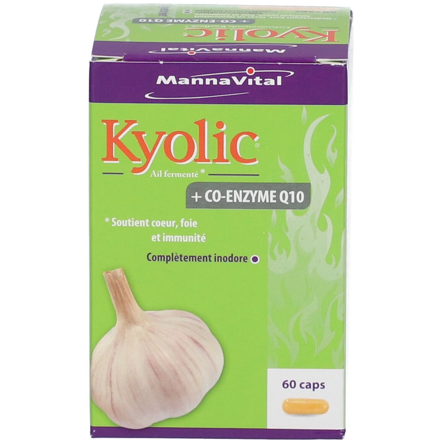 Emballage du produit avec boîte. Inscription: Mannavital Kyolic + Coenzyme Q10. 60 gélules. Image d'ail.