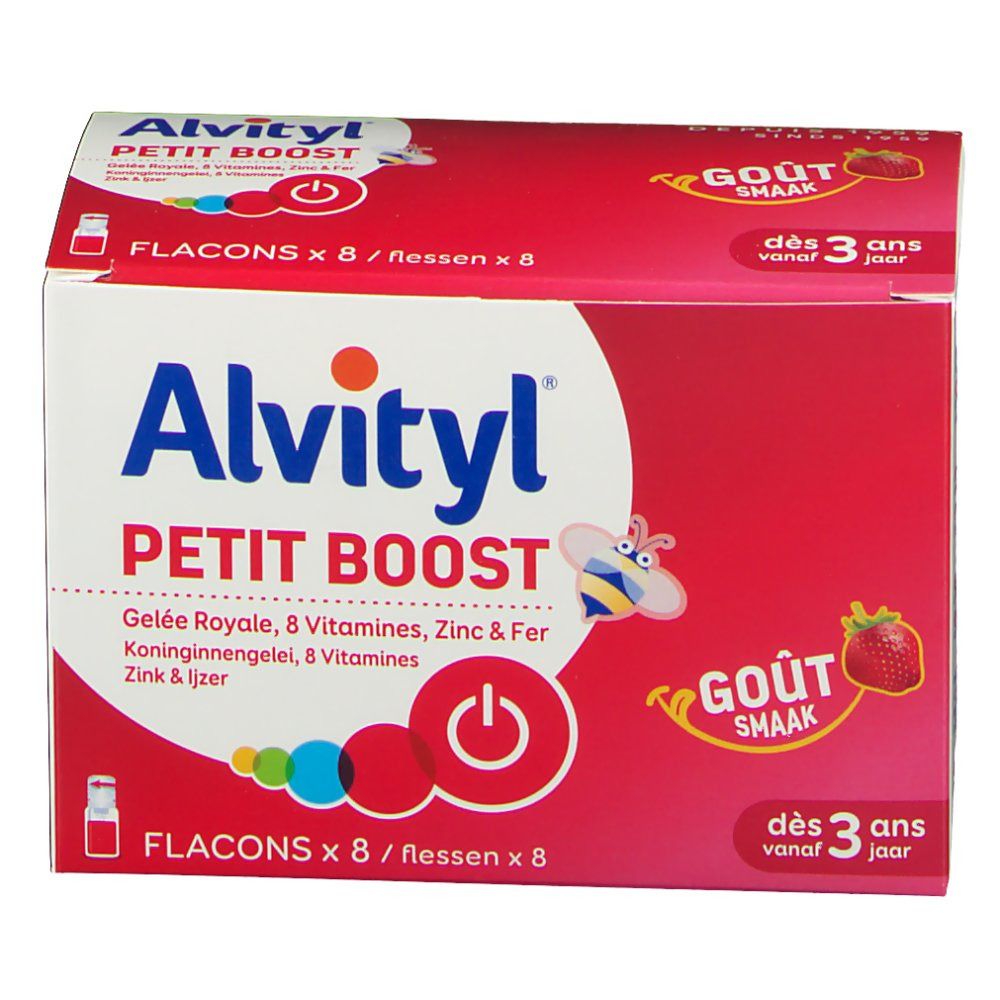 Boîte rouge "Alvityl Petit Boost" avec logo et informations produit. Goût fraise. Pour enfants dès 3 ans. 8 flacons.