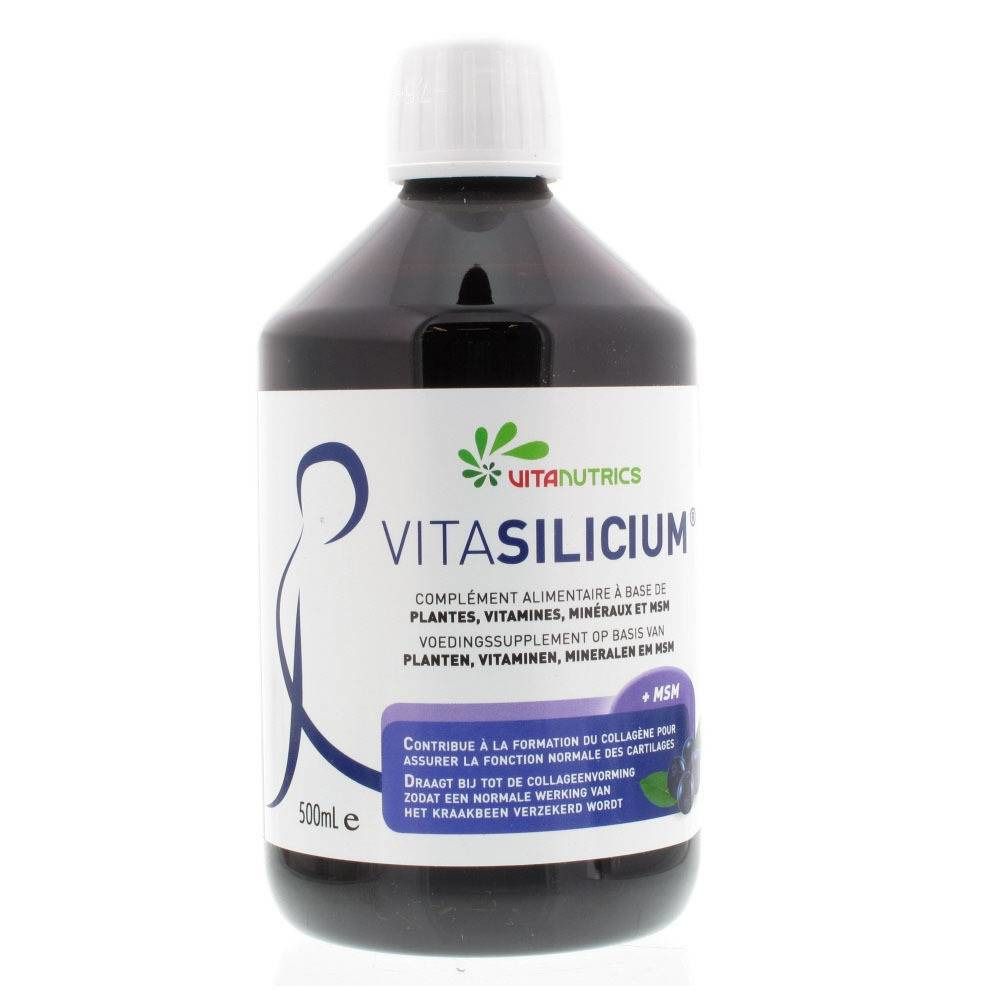 Bouteille sombre avec bouchon blanc. Étiquette "Vitanutrics Vita-Silicium". Texte en français et néerlandais. Contenance 500ml.
