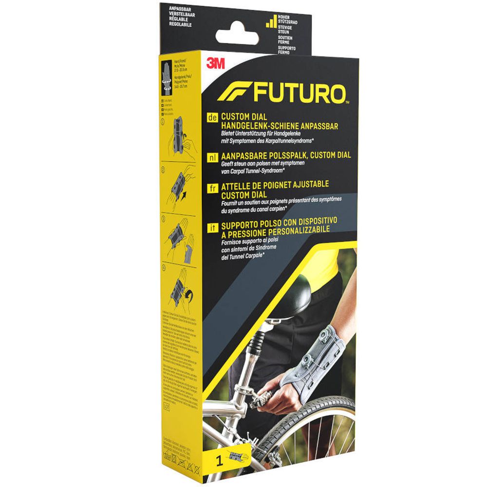 Emballage de l'attelle de poignet Futuro. Produit porté sur un poignet, vélo en arrière-plan. Texte: Futuro, Custom Dial.
