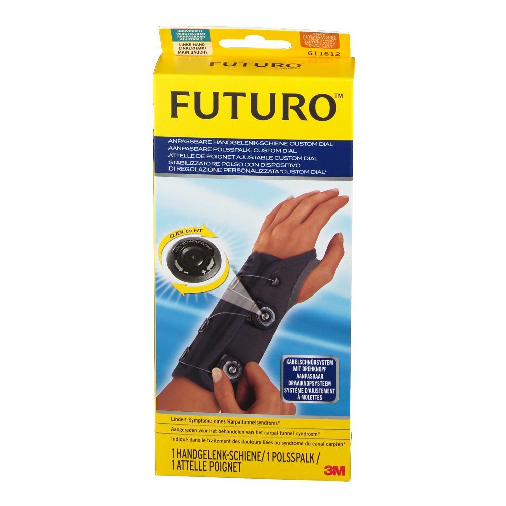 Emballage de l'attelle de poignet Futuro. Produit porté sur un poignet. Texte: Futuro, Custom Dial, attelle de poignet.